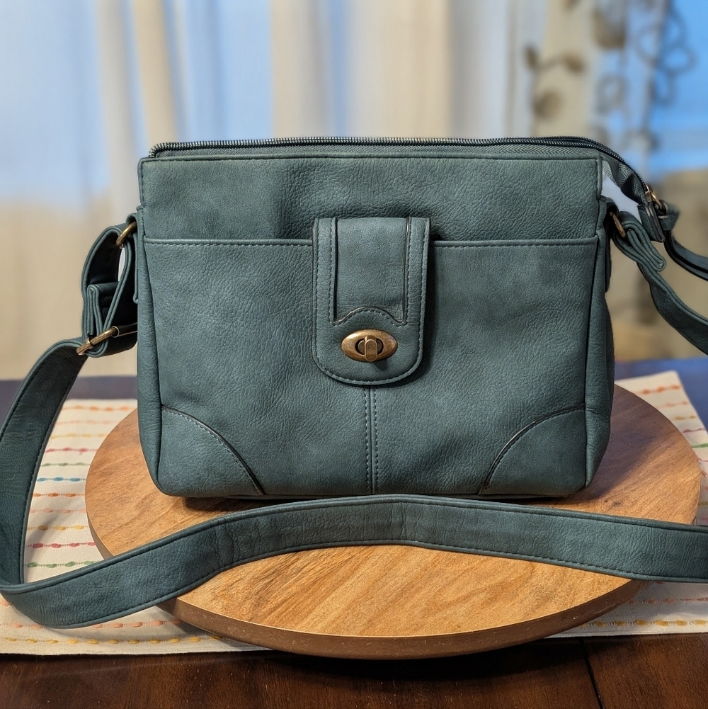 Calf Turn Lock Shoulder/Cross Body Bag. Beautiful Green/Blue Mineral Color.